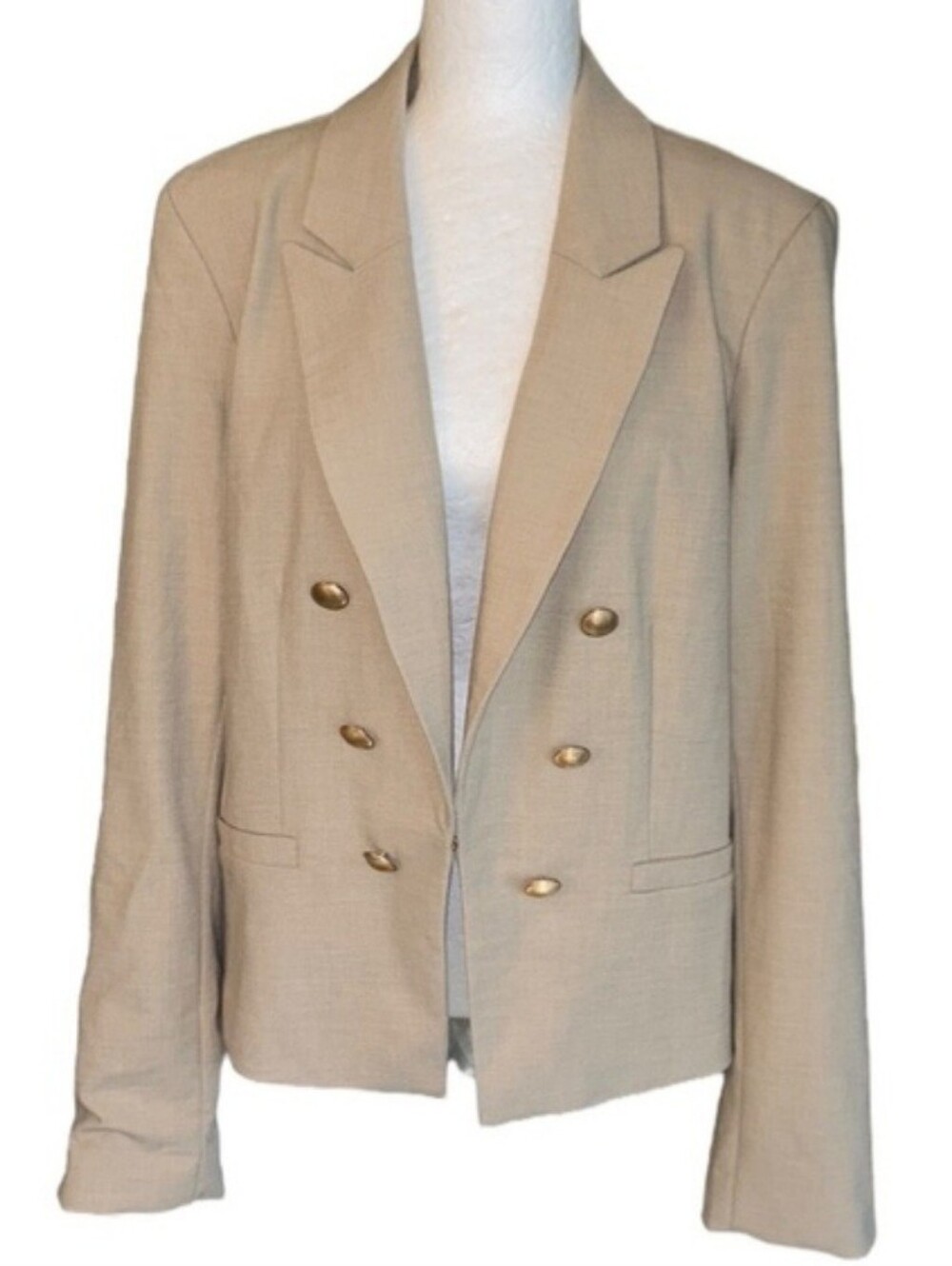 House of Harlow Sz L 1960 Khaki Tan Double Breasted Gold Button Blazer